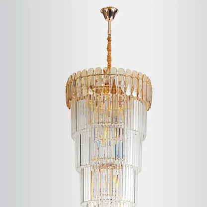 Modern gold crystal led pendant chandelier with tiered clear faceted glass rods and gold-toned metal accents for dining room decorbites crystal led