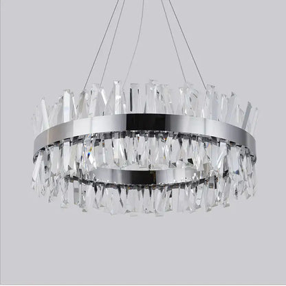Modern gold crystal led pendant light featuring clear crystal shards and polished chrome rings for elegant decorbites crystal led decor