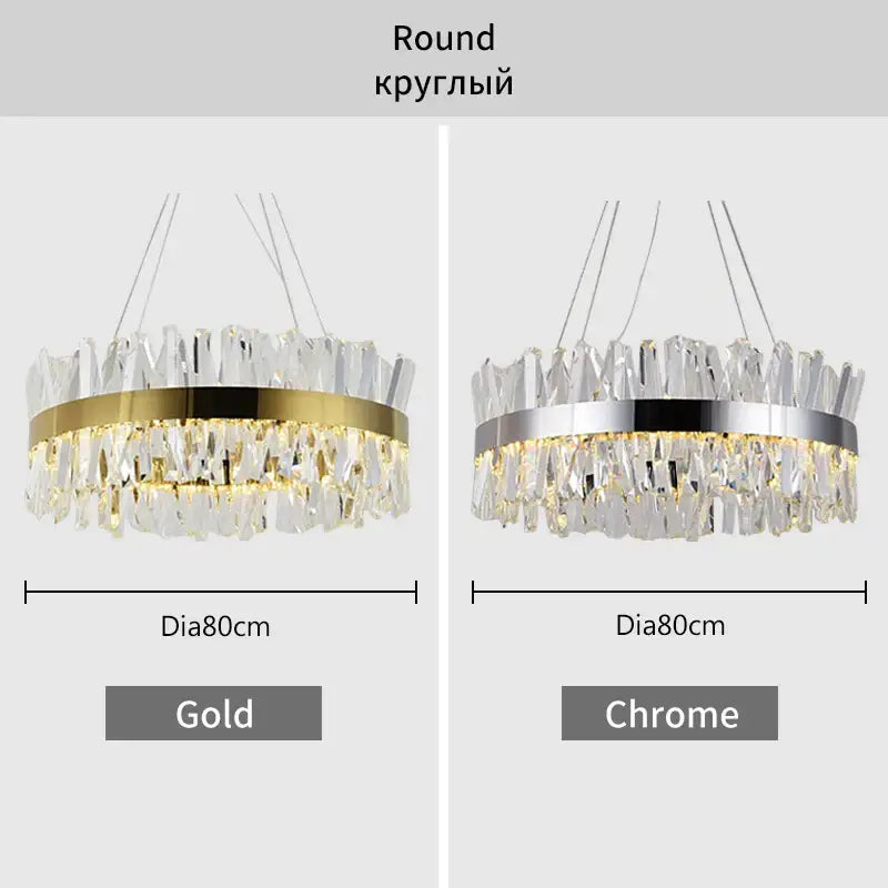 Modern gold crystal led pendant light with elegant round chandeliers featuring cascading clear crystal shards in gold or chrome finish