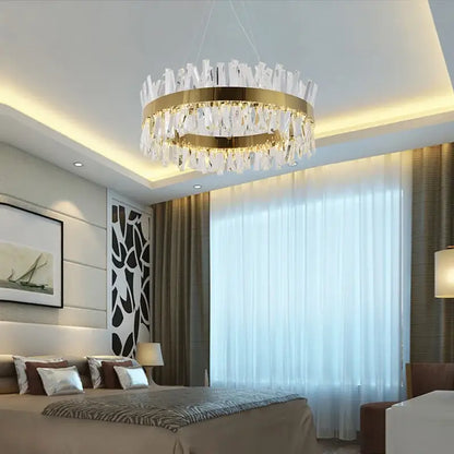 Modern gold crystal led pendant light chandelier with circular frame and clear crystal led pendant decorbites crystal led