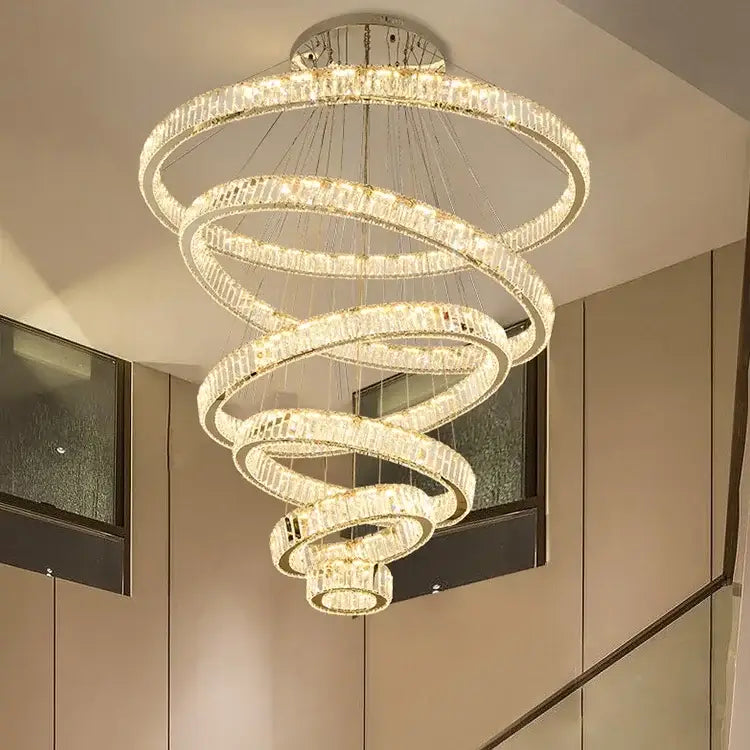 Modern gold crystal led ring chandelier with multiple faceted crystals for stairwell decorbites crystal led lighting