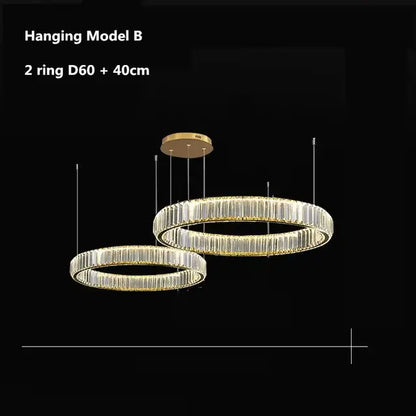 Modern gold crystal led ring chandelier with two interlocking rings adorned with clear crystal facets by decorbites crystal led