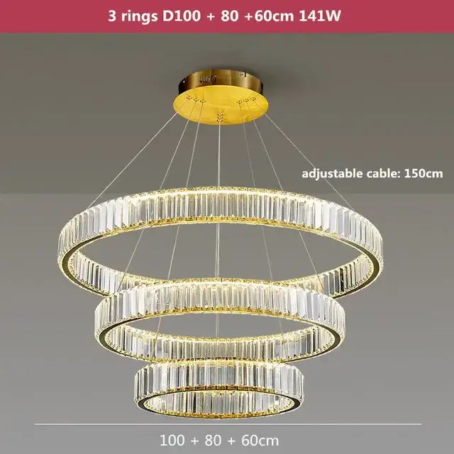 Modern gold crystal led ring chandelier with three concentric rings and clear faceted crystals for stairwell decorbites crystal led