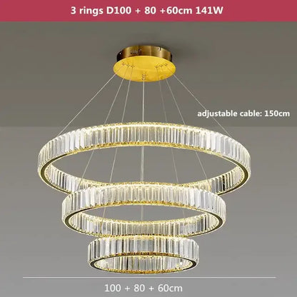 Modern gold crystal led ring chandelier with three concentric rings and clear faceted crystals for stairwell decorbites crystal led
