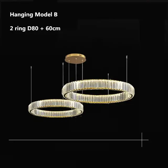 Modern gold crystal led ring chandelier with two interlocking rings adorned with clear crystal accents for stairwell decorbites crystal led
