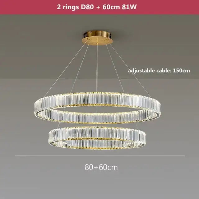 Modern gold crystal led ring chandelier with double-ring metal frame and clear faceted rods for stairwell decorbites crystal led