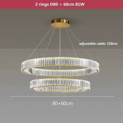 Modern gold crystal led ring chandelier with double-ring metal frame and clear faceted rods for stairwell decorbites crystal led