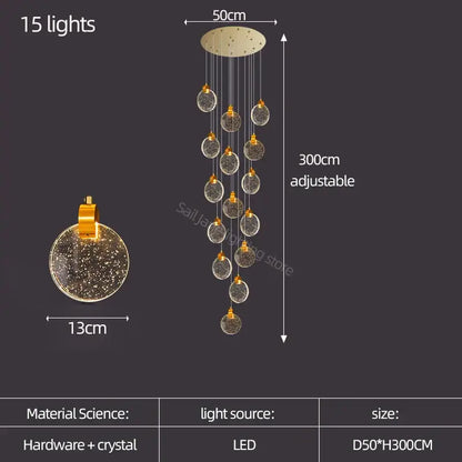 Modern gold crystal led stair slinglight with 15 hanging crystal spheres and adjustable height brass fixture by decorbites crystal led