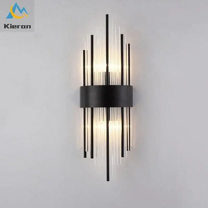 Black metal and clear glass decorbites crystal led wall lamp with vertical rods and geometric design for bedroom decor