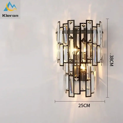 Modern gold crystal led wall lamp with black-framed vertical rectangular facets and warm lighting for bedroom decorbites crystal led