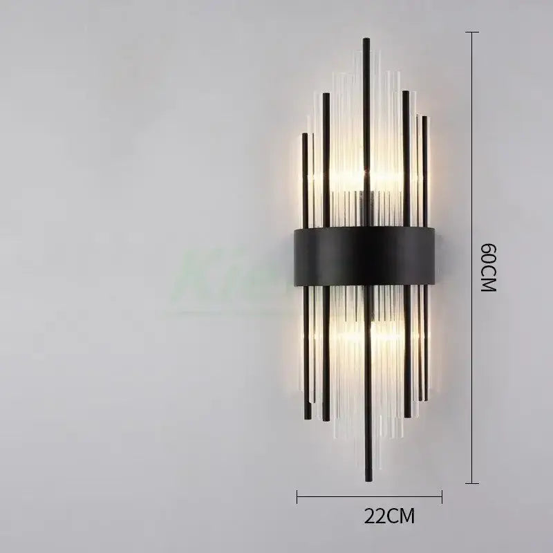 Modern black metal and clear glass wall lamp with vertical rods radiant from central base decorbites crystal led sconce