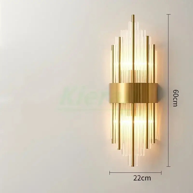 Modern gold crystal led wall lamp featuring vertical glass rods and a central metallic band for elegant decorbites crystal led wall decor