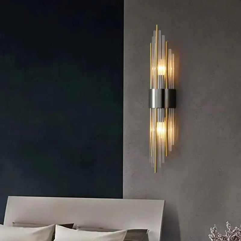 Modern gold crystal led wall lamp with slender transparent glass rods and brushed metal band for decorbites crystal led lighting