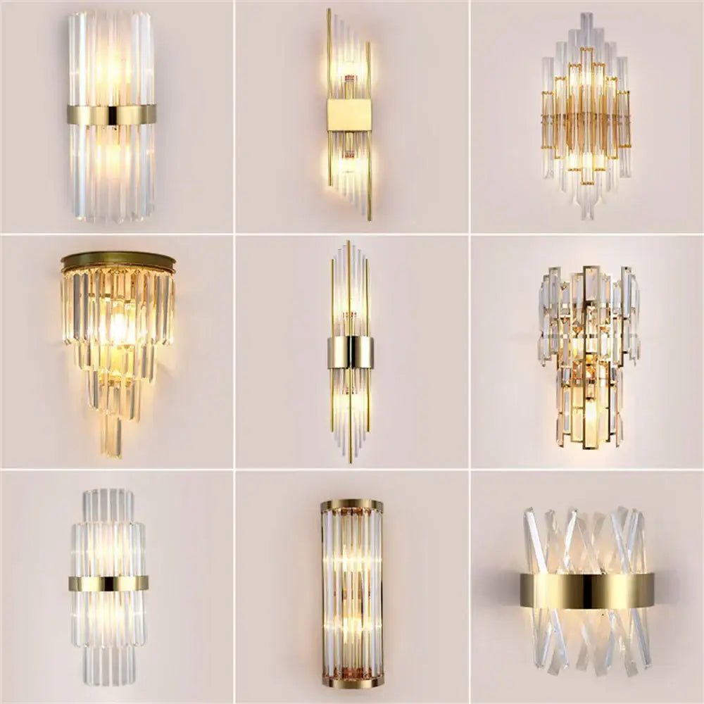 Modern gold crystal led wall lamp with clear crystal rods and elegant design for bedroom decorbites crystal led sconce