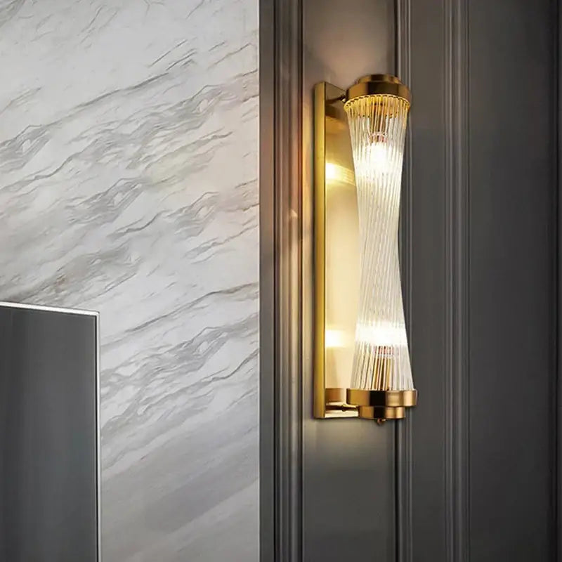 Modern gold crystal led wall lamp with textured ribbed glass shade for elegant bedroom decorbites crystal led sconce