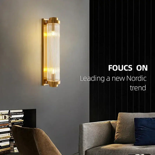 Modern gold crystal led wall lamp with vertical crystal rods and sleek design for bedroom decorbites crystal led sconce