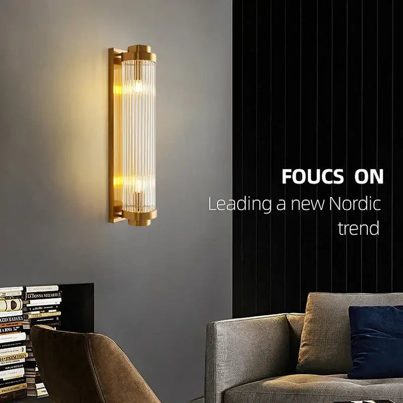 Modern gold crystal led wall lamp with vertical crystal rods and sleek design for bedroom decorbites crystal led sconce