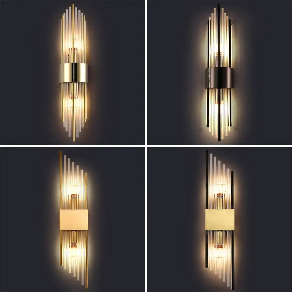 Modern gold crystal led wall lamp with vertical glass rods and metallic accents for elegant bedroom decorbites crystal led lighting