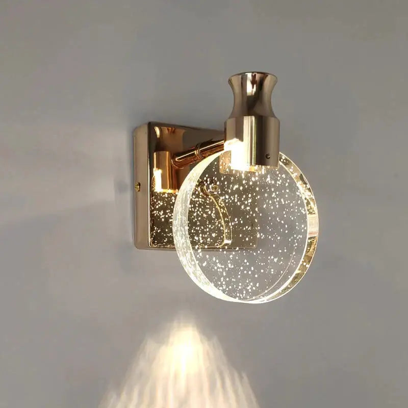 Modern gold crystal led wall lamp with simple crystal led globes featuring sparkling bubbles for bathroom use