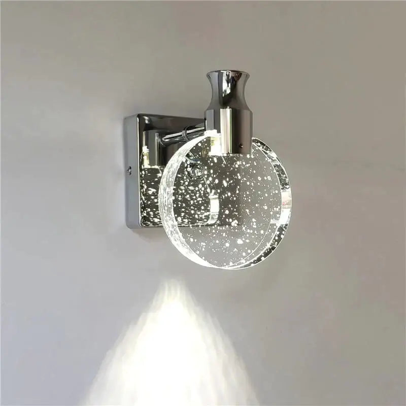 Modern gold crystal led wall lamp featuring three chrome-finished globes with sparkling particles for bathroom use
