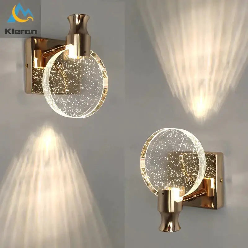 Modern gold crystal led wall lamp with three simple crystal led globes filled with sparkling particles for bathroom use