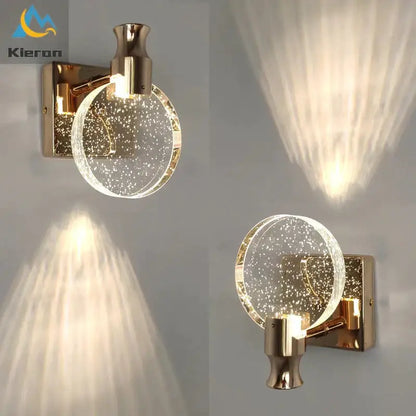 Modern gold crystal led wall lamp with three simple crystal led globes filled with sparkling particles for bathroom use