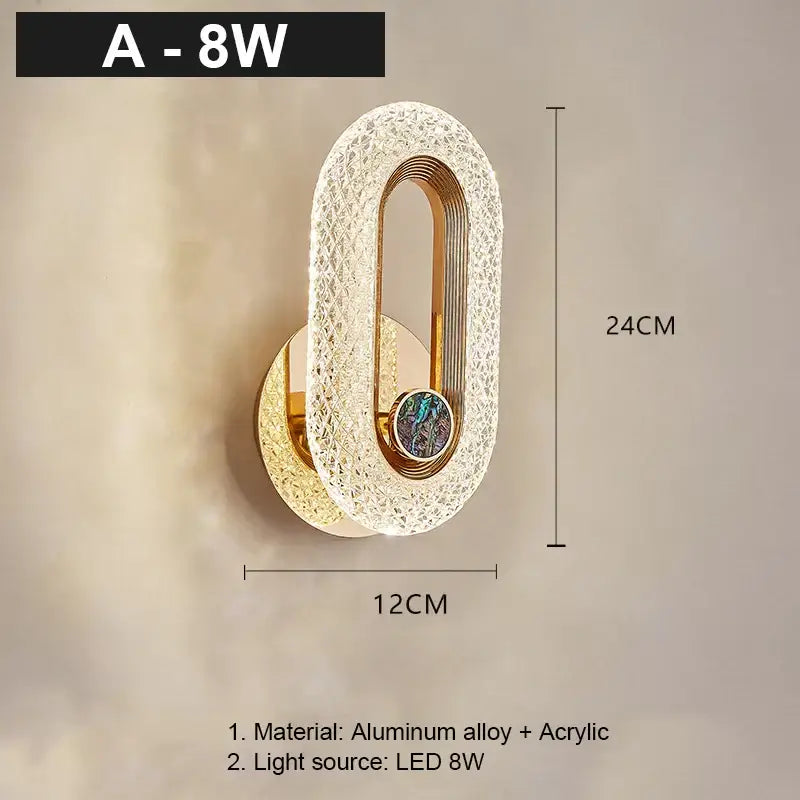 Modern gold led wall lamp with textured acrylic body and iridescent stone accent for living room sconce lighting