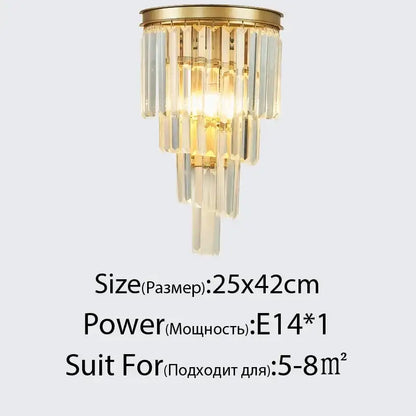 Gold-toned modern led wall lamps with cascading clear crystal prisms ideal for bedroom sconce lighting