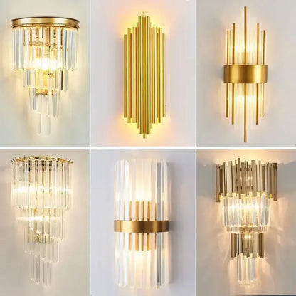 Modern gold crystal led wall lamps featuring gold-toned sconces with cascading clear glass rods for bedroom lighting