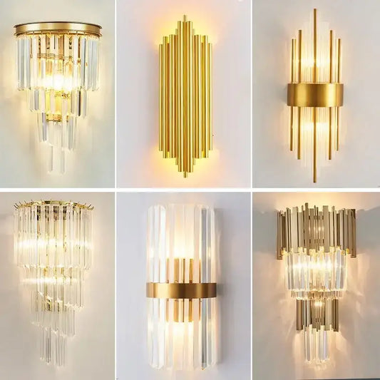 Modern gold crystal led wall lamps featuring gold-toned sconces with cascading clear glass rods for bedroom lighting