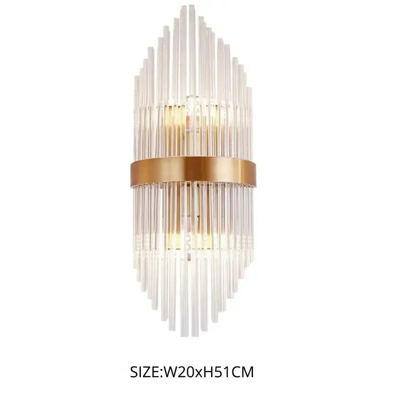 Modern gold crystal led wall lamps with clear glass rods and brass accent band designed as cascading led wall sconce
