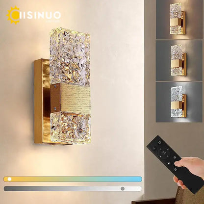 Modern gold crystal led wall light with textured translucent glass panels and brushed metal base for bedroom decorbites crystal led sconce