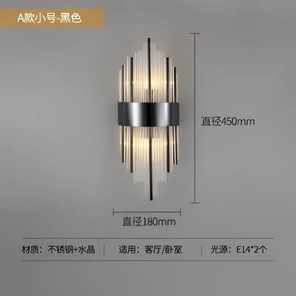 Black wall sconce with vertical crystal rods and stainless steel band for modern decorbites crystal led wall light