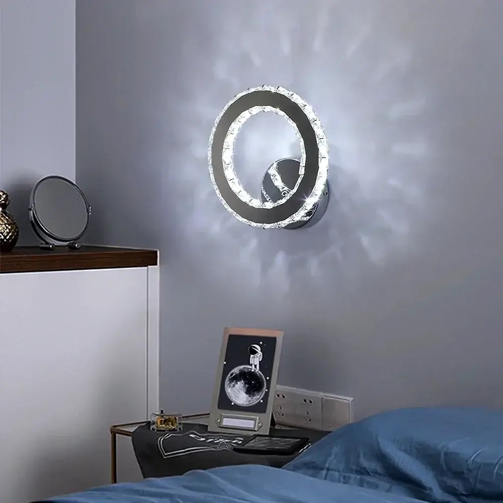 Modern gold crystal led wall light with sleek chrome frame and embedded crystal accents for elegant living room decorbites crystal led decor