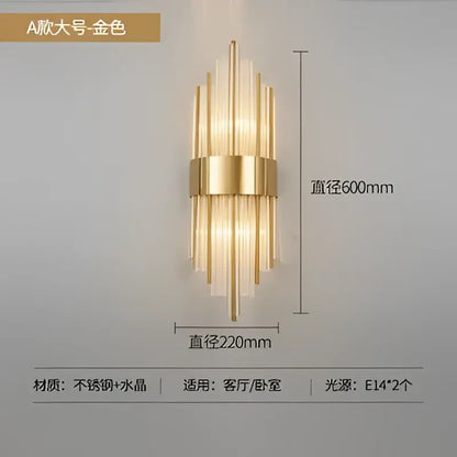 Modern gold crystal led wall light featuring slender vertical crystal rods and a central metallic band for decorbites crystal led decor