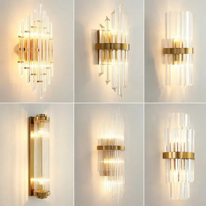 Modern gold led wall sconce with clear glass rod clusters illuminated by warm light for bedroom lighting