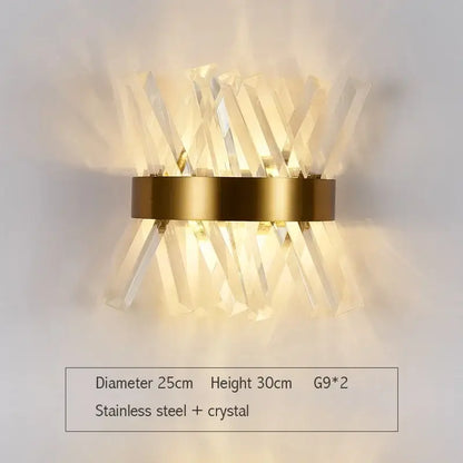 Modern gold stainless steel led wall sconce with clear crystal rods in an angular radiating design for bedroom lighting