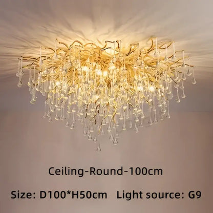 Modern gold crystal luxury ceiling chandelier with branch-style design and dangling crystal droplets for dining room decorbites crystal luxury