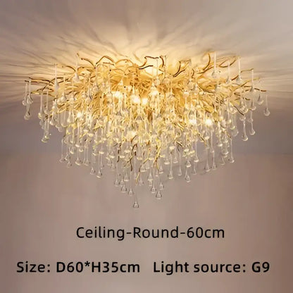 Modern gold crystal luxury ceiling chandelier with cascading crystal droplets and intricate branching arms for dining room decorbites crystal luxury