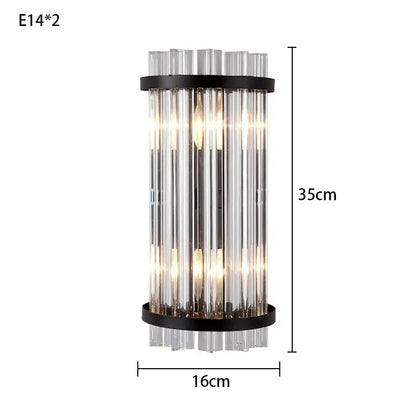 Modern gold crystal luxury wall lamp with clear glass tubes and black metal rings featuring two e14 bulbs warm glow decorbites crystal luxury wall