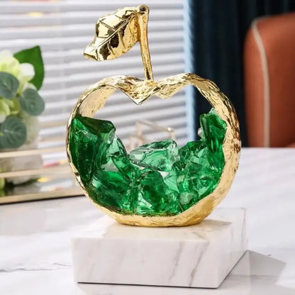 Golden apple-shaped decorative sculpture set with textured metallic finish and green crystal metal fruit decorbites crystal metal