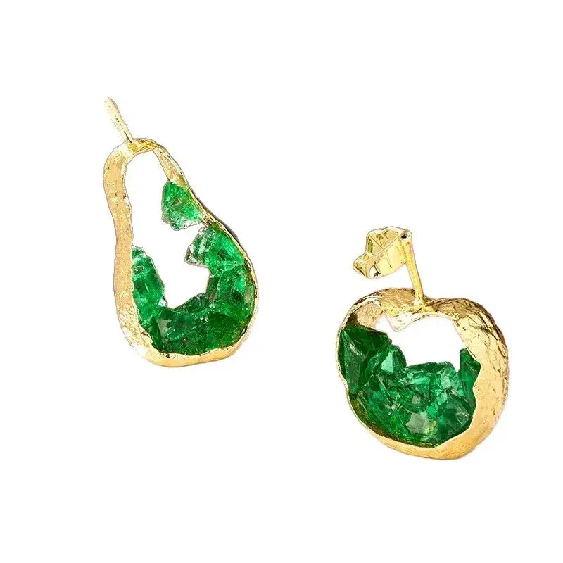Modern gold crystal metal fruit sculpture set featuring pear and apple shaped decorbites crystal metal earrings with green gemstones