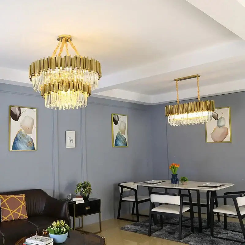 Modern gold crystal oval ceiling chandelier with cascading crystal tiers for elegant living room decorbites crystal oval lighting