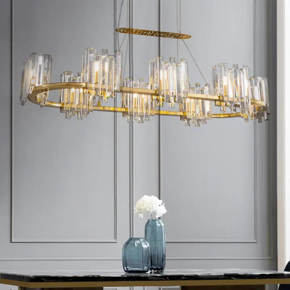 Decorbites modern gold ceiling pendant lamp with clear crystal icicle shade and elongated oval design with 8 bulbs