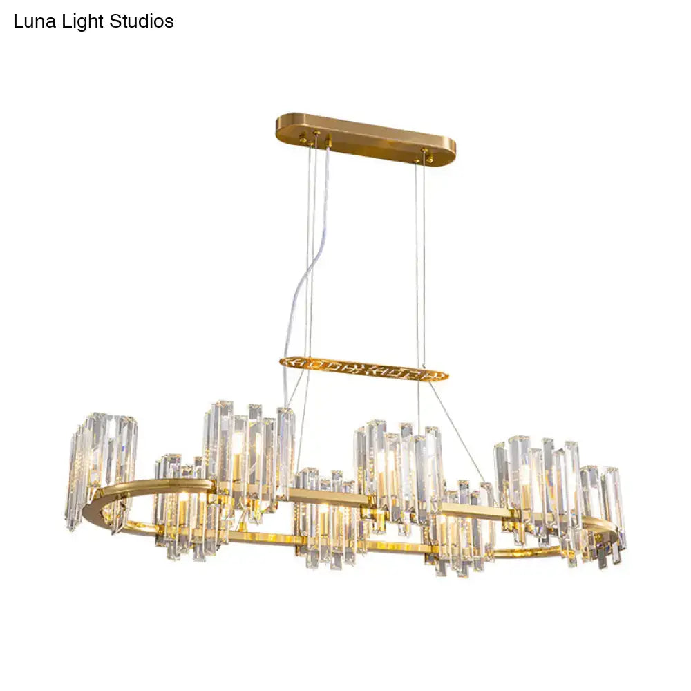 DecorBites™ modern gold ceiling pendant lamp with clear crystal icicle rods and oval design featuring 8 bulbs
