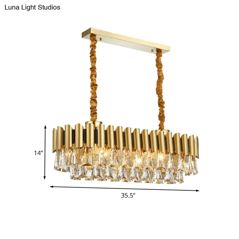 Decorbites™ gold crystal chandelier with vertical rods and dangling crystals for elegant oval dining room lighting