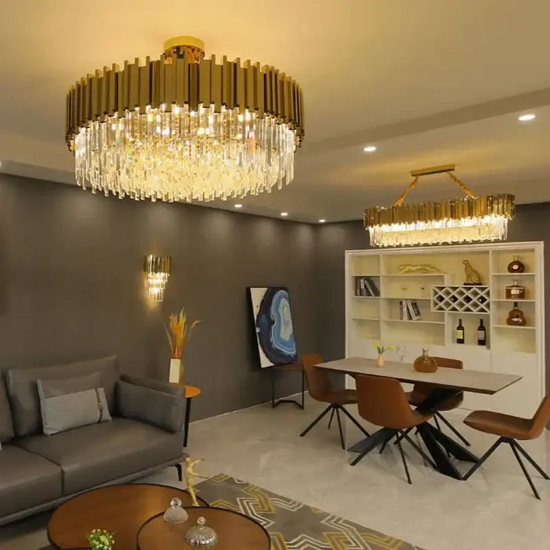 Modern gold crystal oval round chandelier with cascading crystal droplets for elegant dining room decorbites crystal oval lighting