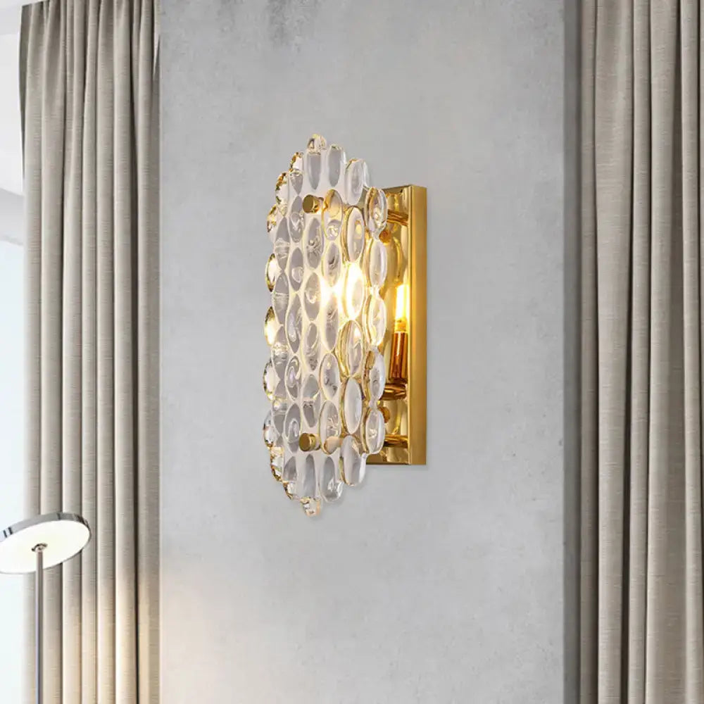 Modern gold crystal panel wall lamp with faceted crystal discs and metal base for 110v-120v hallway sconce lighting