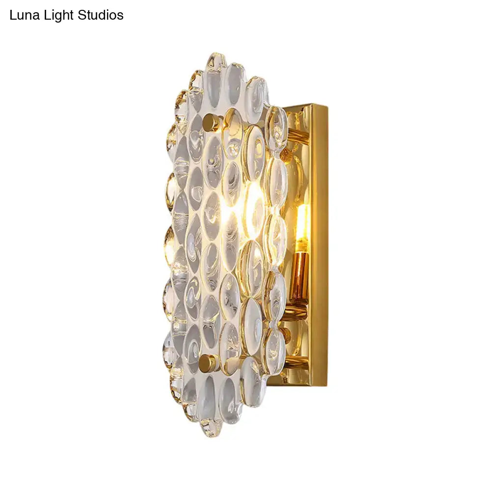 Modern gold crystal panel wall lamp featuring clear bubble-like glass panels with a gold metal frame 110v-120v