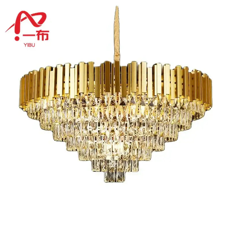 Modern gold crystal pendant chandelier with tiered faceted crystal droplets and vertical metallic bars for dining room decorbites crystal pendant